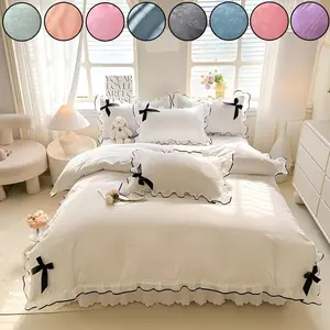 Bowknot Lace Ruffle Bedding Set, 4 Counts/set Including 1 Count Bed Skirt & 1 Count Quilt Cover & 2 Counts Pillowcase, Bedding Supplies for Home Bedroom, Duvet Cover Sets