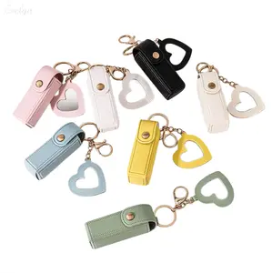 Lipstick Protective Case with Heart Charm, Faux Leather Lip Balm Holder, Portable Lipstick Pouch with Keychain