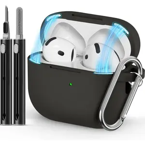 for AirPods 4 Case 2024 with Magnetic Lid Lock,Soft Silicone Protective Cover for  AirPods 4th Generation Cases with Cleaner Kit,AirPod 4 Case Cover with Keychain for Women Men-Black