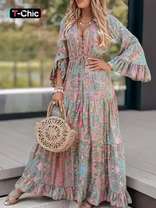 Boho Ethnic Style Paisley Woven V Neck Long Sleeve Fitted Dress, Spring & Fall Bohemian Waist Tie Up Long Dress, Women's Casual Wear Fashion Clothing