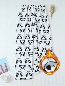 Women's Winter Cute Panda Print Soft Comfortable Flannel Pajamas, Pjs, Fitted Casual Sleepwear, Cozy Animal Pattern Loungewear Pants