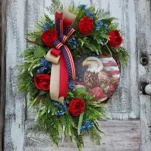 Vintage American Flag Eagle Wreath, Roses, Blue Flowers, Patriotic Bow, Perfect for Independence Day and Memorial Day Decorations