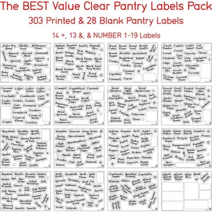 Pantry Labels: 377 Bold Cursive Gloss Clear Preprinted Water Resistant Complete Label Set to Organize Storage Containers, Jars & Canisters w/a Extra Write-on Sticker