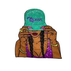 Patch Party Club, 1-pc SEQUINS "Queen" w/Teal Hat, Embroidery, & Satin, 10'' Patch, Iron-on Applique, Large Back Patch, Patch for Clothing