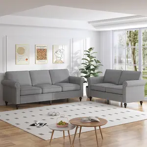 Adowore Home Sectional Sofa Set with Nailhead Trim Living Room Furniture, Small Sofa Set, Mini Couch for Bedroom, Living room Sofa Set, Linen Fabric Sectional Sofa Couch, Fluffy Sofa,  Affordable Sectional Couch for Apartment, Sofas Para Sala.