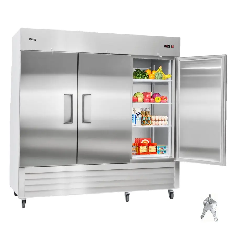 VEVOR Commercial Reach-In Refrigerator 85 W, 69 Cu. Ft Stainless Steel Upright Refrigerator with Three Doors, Auto-Defrost, 12 Adjustable Shelves, 32 to 50 Temp Control, ETL Certified