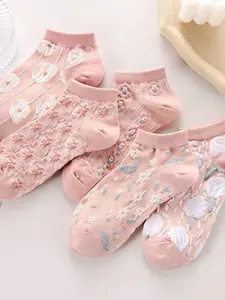 5 pairs of women's floral printed short socks - Lightweight and breathable spring and summer casual socks, pink and blue-green patterns, novel design women's socks, Cute