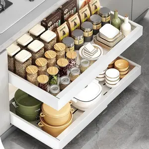 Expandable Cabinet Pull-Out Slide Rack, Kitchen Drawer Adjustable Storage Shelf, Home Cabinet Organizer for Spices Pots Bowls, Space-Saving Design