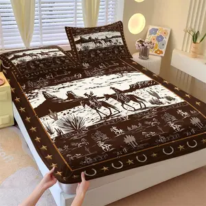 American Western Style Fitted Sheet Set, 1 Bed Cover and 2 Pillowcases, Western Cowboy Classic Scene Mattress Protector, Soft Anti-Slip Wrinkle-Resistant, Wild Romantic Vintage Style Bedroom Decor Gift