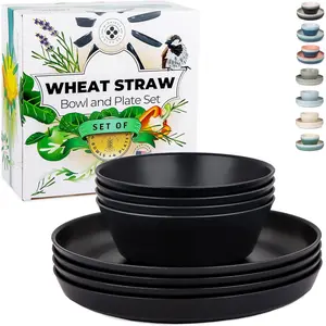 Wheat Straw Plates and Bowls Sets - 8- Wheat Straw Dinnerware Sets - Unbreakable &  Microwave Safe Plastic Dinner Plates for Outdoors, RV, Camping Dishes - Midnight