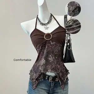 Women's Y2K Halter Cami Top Paisley Print Mesh Splice Camisole with O-Ring Detail Slim Fit Asymmetric Hem Tank Top for Club Nightout and Daily Wear