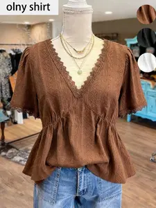 Women's Plus Size Vintage French Boho Blouse Top, Womenswear, Ditsy Floral Pattern, Short Sleeve, Casual Spring & Fall Fashion, Loose Fit