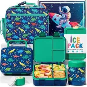 Bento Lunch Box for  with Thermos, 3-Compartment 32OZ Snack Lunch Container, Lunch Bag, 12OZ Insulated  Jar & Ice Pack Set for  3-12 School   Teen Girl Boy, Dinosaur