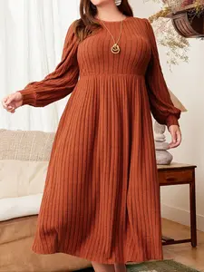 【Plus Size】 Solid Color Bishop Sleeve A Line Dress, Elegant Casual Long Sleeve Round Neck Ribbed Dress for Fall & Winter, Women's Clothes for Daily Vacation Party, Womenswear