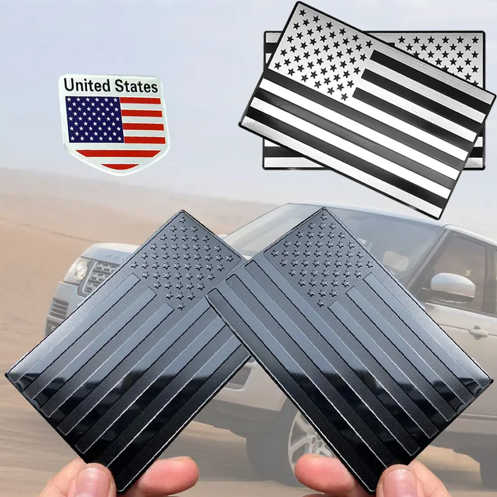 5-Pack Matte Black 3D Embossed Metal American Flag Car Decals (5in x 3in) - Vehicle Exterior Decoration, Truck Accessories, Motorcycle Accessories, Semi Truck Decals