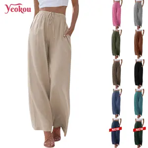 Yeokou Women's  Cotton Linen 2026 Summer Palazzo Pants Flowy Wide Leg Beach Trousers with Pockets
