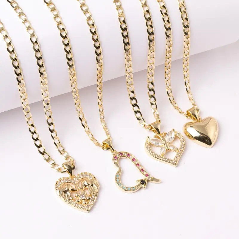 14K Gold Laminated Heart Pendant Necklace – 3mm Cuban Link Chain – 16” 18” 20” 22”