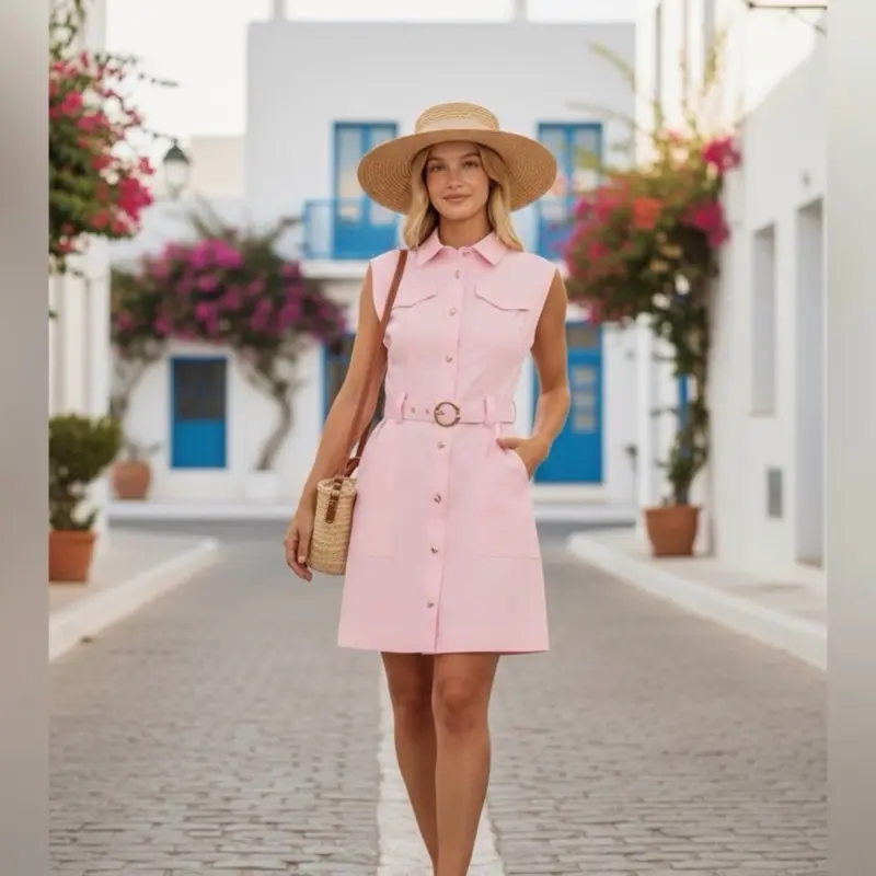 Mainstrip| Pink Utility Stretch Belted Button Down dress| SML