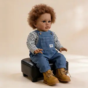 26-Inch Reborn Baby Toddler Doll, Afro-American with Rooted Hair, Brown Eyes, Brown Skin, Soft Cloth Body, Vinyl Limbs, Denim Overalls Outfit and Feeding Set, Reborn Baby Doll Trendy Dolls Soft Weighted Dolls