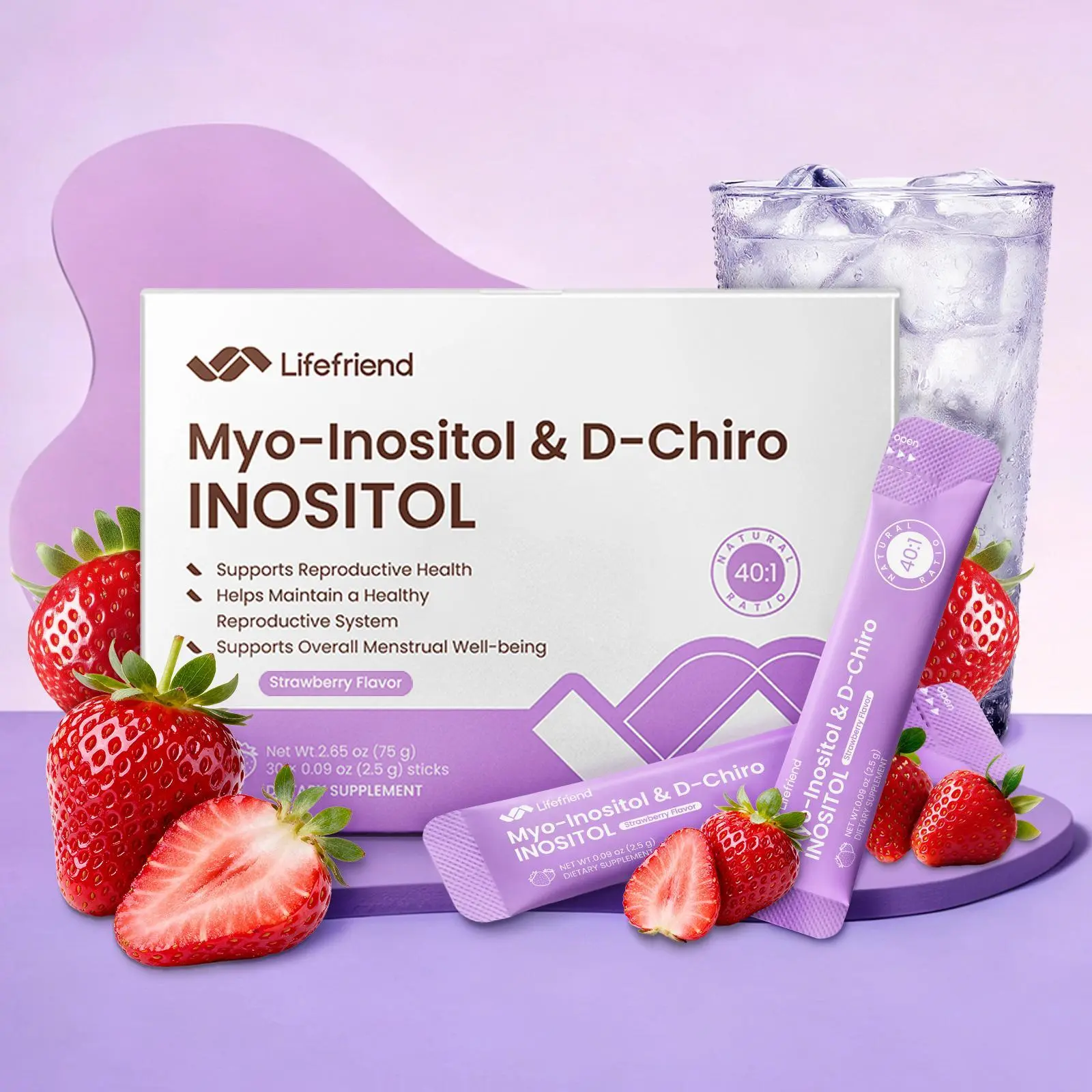 Lifefriend Women's Hormone Balance Drink Mix - Strawberry Flavor Inositol Powder with 2000mg Myo-Inositol + D-Chiro (40:1 Ratio), Vitamin D, Folate, Cycle Support, 30 Sticks, Prop 65 Free