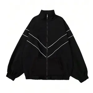Stand collar zipper jacket with street style, oversized fit for a loose white line decoration that's eye catching, dual pockets for practicality and convenience, suitable for both men and women for everyday outings, street style, winter cotton jacket