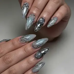 24pcs Silver Chrome 3D Press-On Nails, Blue Almond False Nails, Reusable Acrylic Nails with Metal Wire and Gems, Gothic Grunge Style