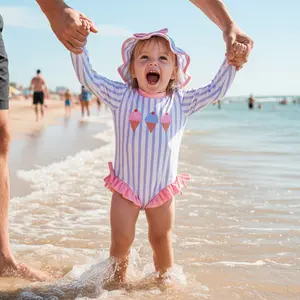 Toddler Girl Rash Guard Swimsuit Long Sleeve Ice Cream Embroidery Ruffled Swimwear with Hat for Beach Pool