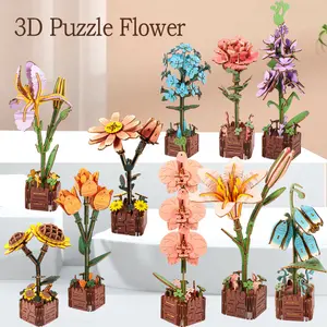 Wooden Building Block Flower Puzzle 3D Model, Handmade DIY Craft Kit, Perfect Valentine's Day Gift, 520 Special Edition