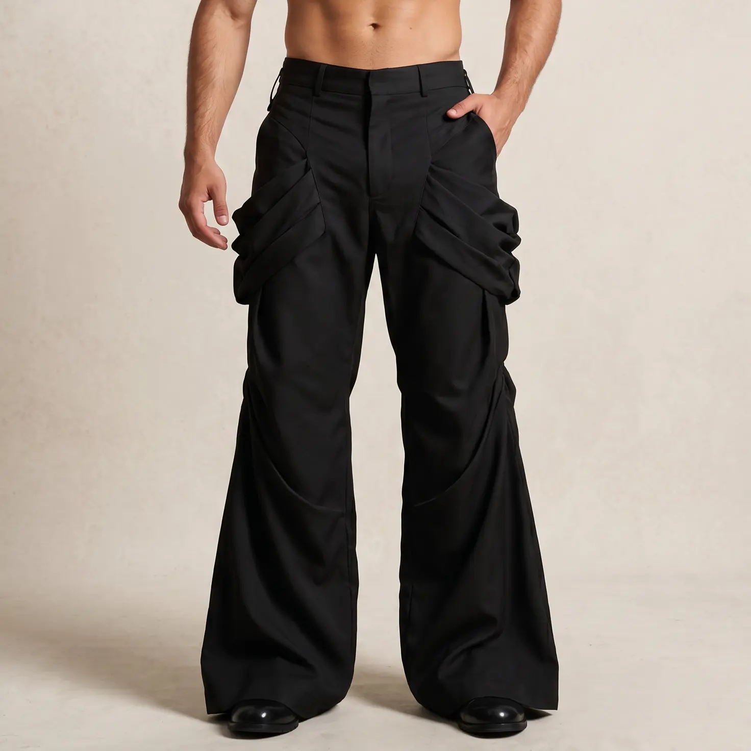INCERUN Men's Avant-Garde Flared Fashion Trousers with Architectural Side-Ruching, Plain Draping Cut for Club & Festive Occasions, Trouser