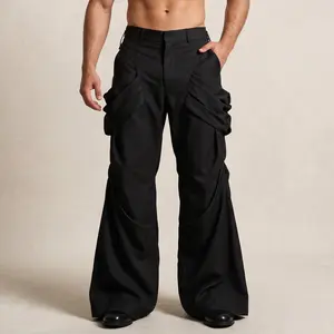 INCERUN Men's Classic Clean-Fit Ruched Flared Pants - Plain, Pocketed, Architectural Cut Fashion Menswear for Avant-Garde Festival, Streetwear Aesthetic,summervibes