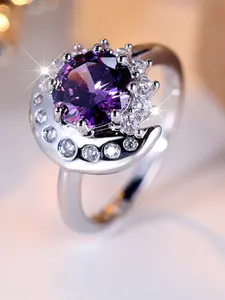 A round-shaped zircon ring with a moon-shaped design, featuring synthetic purple crystal, stylish and minimalist, suitable for women to wear during weddings, Cluster Ring