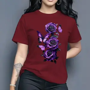 Women's Purple Rose And Butterfly Graphic Tee Elegant And Enchanting Short Sleeve Top For Casual Outings Garden Parties And Fashion - Forward Style Statements