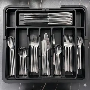 Large Expandable Kitchen Utensil Drawer Organizer – BPA Free Adjustable Silverware Tray for Spoons Forks Knives, 6–9 Slots Black Cutlery Storage Divider for Flatware