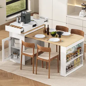 ARCH [VIDEO] TREXM Extendable Dining Table with Folding Tabletop, Bar Table with Drawers and Power Outlet, Kitchen Island with Wheels and Hooks, Sideboard for Kitchen and Dining Room (Creamy White+Natural)