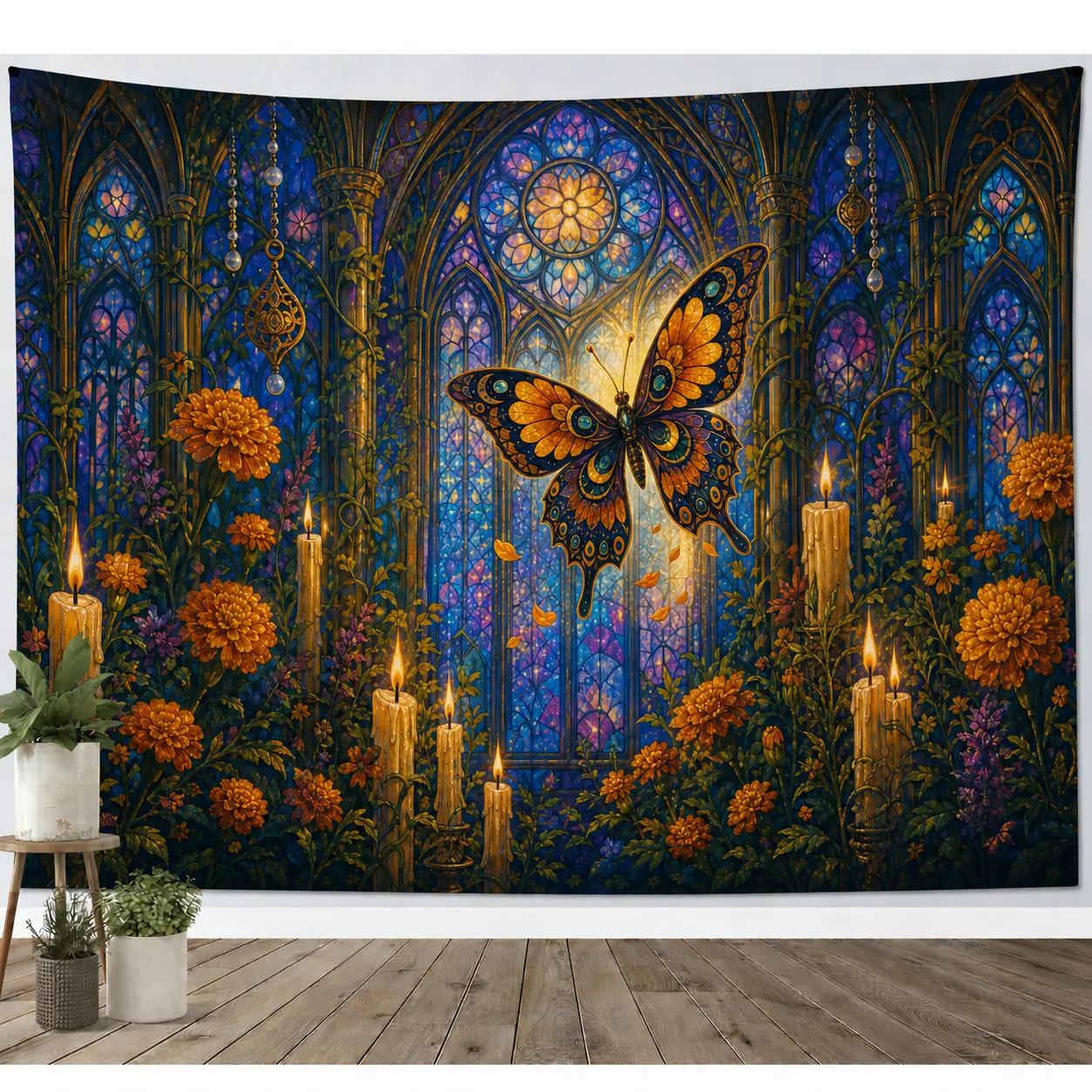 Day of the Dead Butterfly Motif Polyester Tapestry - Colorful Gothic Stained Glass Wall Decor with Marigold Flowers, Candles, Mexican-Inspired for Bedroom, Memorial Altar