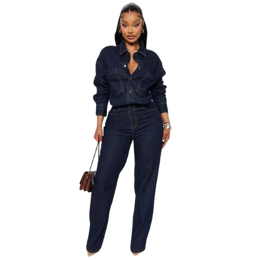 Women's Solid Denim Overalls - Longsleeves Casual Button-Up Romper with Harem-Style Pants, Pockets, Sexy Women's Clothes, Lady