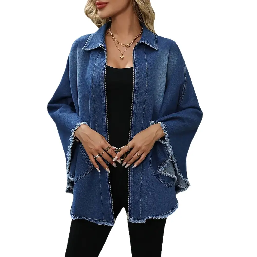 Arssm Women Oversized Raw Hem Fringe Bell Sleeve Denim Jacket Zip Up Lapel Pocket Loose Fit Casual Jean Shacket
