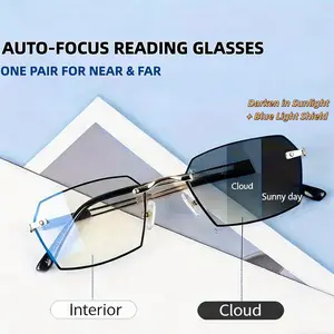 -Frameless Progressive Reading Glasses Blue Light Blocking HD Intelligent Zoom Multi-Focus Anti Eyestrain Unisex Comfort Silicone Nose Pads Daily Wear