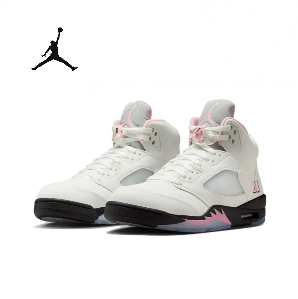 Unisex High Top Basketball Shoes White Upper Pink Trim Black Midsole 23 Side Pink Logo Ice Blue Translucent Outsole Shark Tooth Trim Retro Classic Rear Air Cushion Anti Skid Grip Durable Breathable Mesh for On Court Training Daily Casual Street Wear Sneak