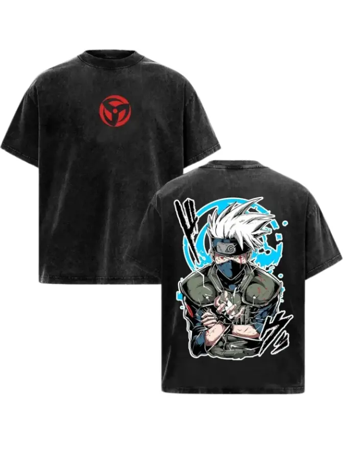 Naruto Kakashi Hatake Vintage Washed Graphic T Shirt Anime Oversized Heavyweight Cotton Tee Y2K Streetwear Boxy Fit Drop Shoulder Acid Wash Unisex Retro Manga Summer Top