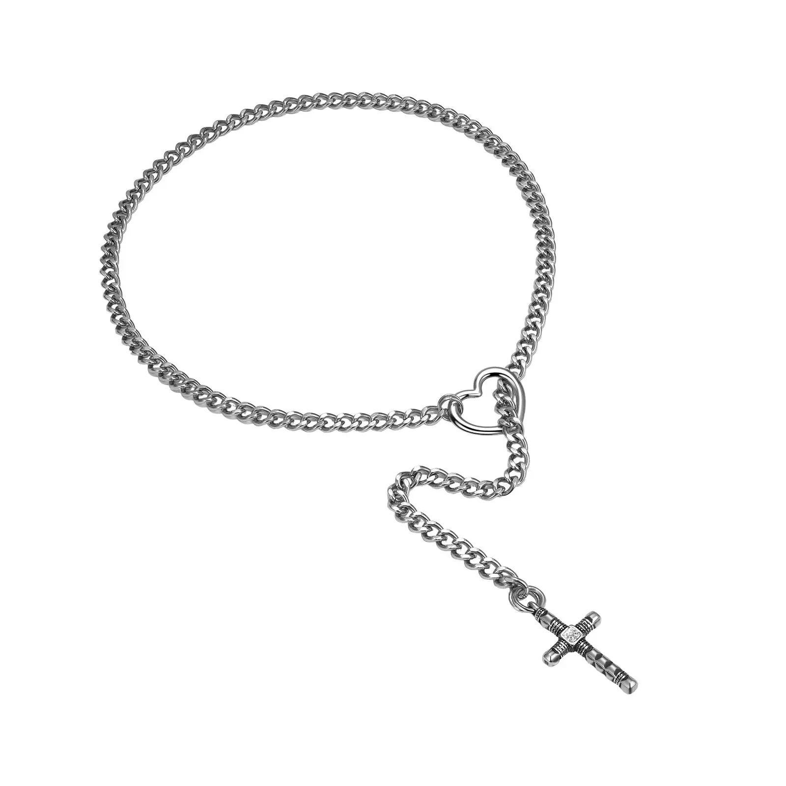 OIDEA Women's Lariat Cross Necklace, Adjustable Cuban Link Chain with Heart Clasp & Rhinestone Pendant, Chain Jewelry Necklaces for Daily Wear