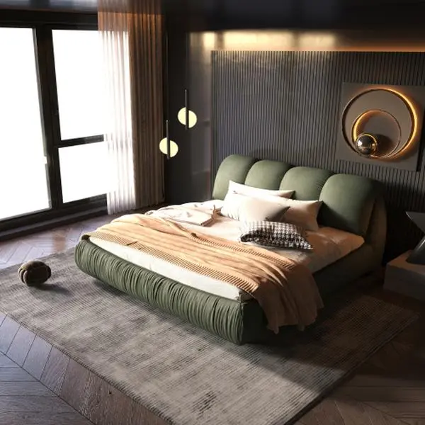 [Bellemave]Queen/ King  Size Luxury Upholstered Platform Bed with Oversized Padded Backrest and Solid Wood Frame,suitable for Multiple heights of mattresses