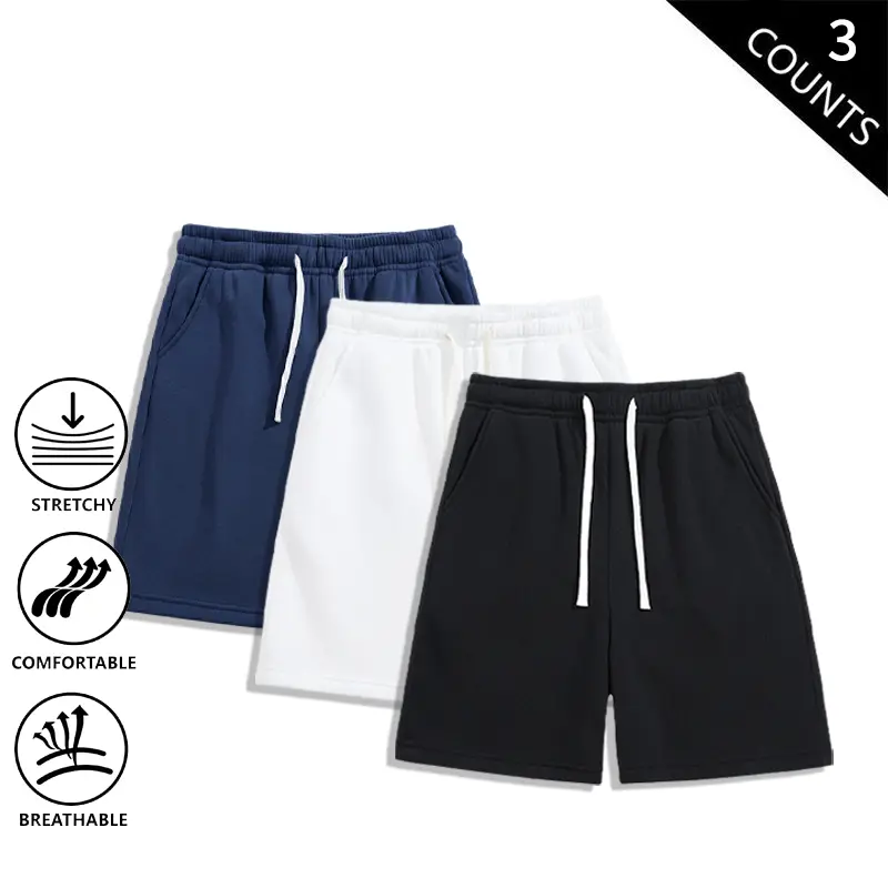 3-Pack Men’s Knee-Length Sweat Shorts, Soft Stretch Breathable Casual Athletic Shorts, Elastic Drawstring Loose Fit Shorts for Workouts, Gym & Loungewear
