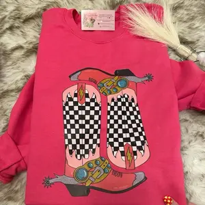 Pink Checkered Boots Cowgirl Western Graphic Crewneck & Tee, Rodeo Graphic Tee, Western Rodeo Trending Graphic Tee, Western Boutique, Western Rodeo Graphic Unisex, Plus size available 4R7