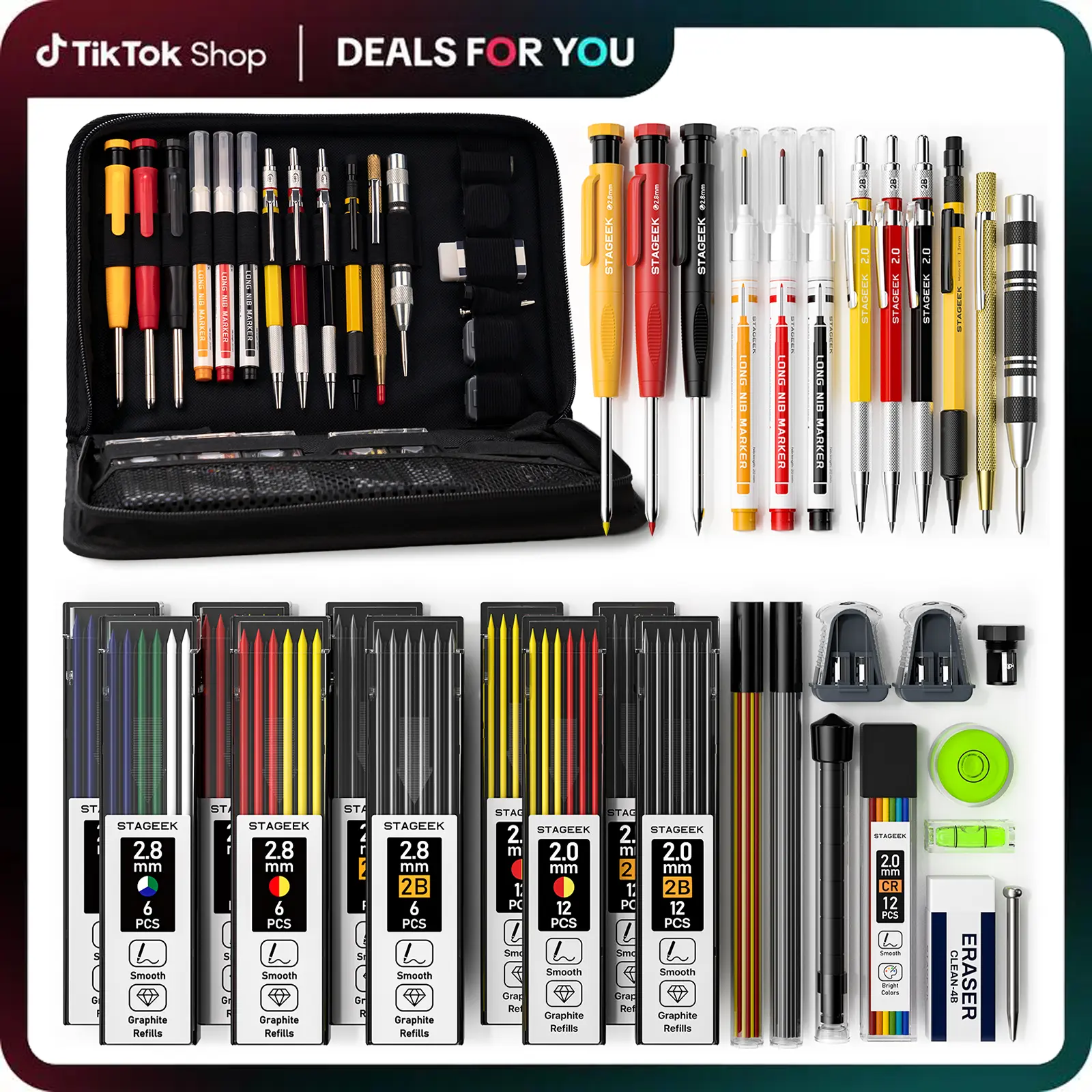 34 Pack Carpenter Pencil Set with Sharpener, Mechanical Carpenter Pencils with Deep Hole Long-Nib Marker Pens, Automatic Center Punch,Carbide Scribe Tool & Construction Pencils for Architect Woodworking with Case(Red, Black, Yellow, Blue)