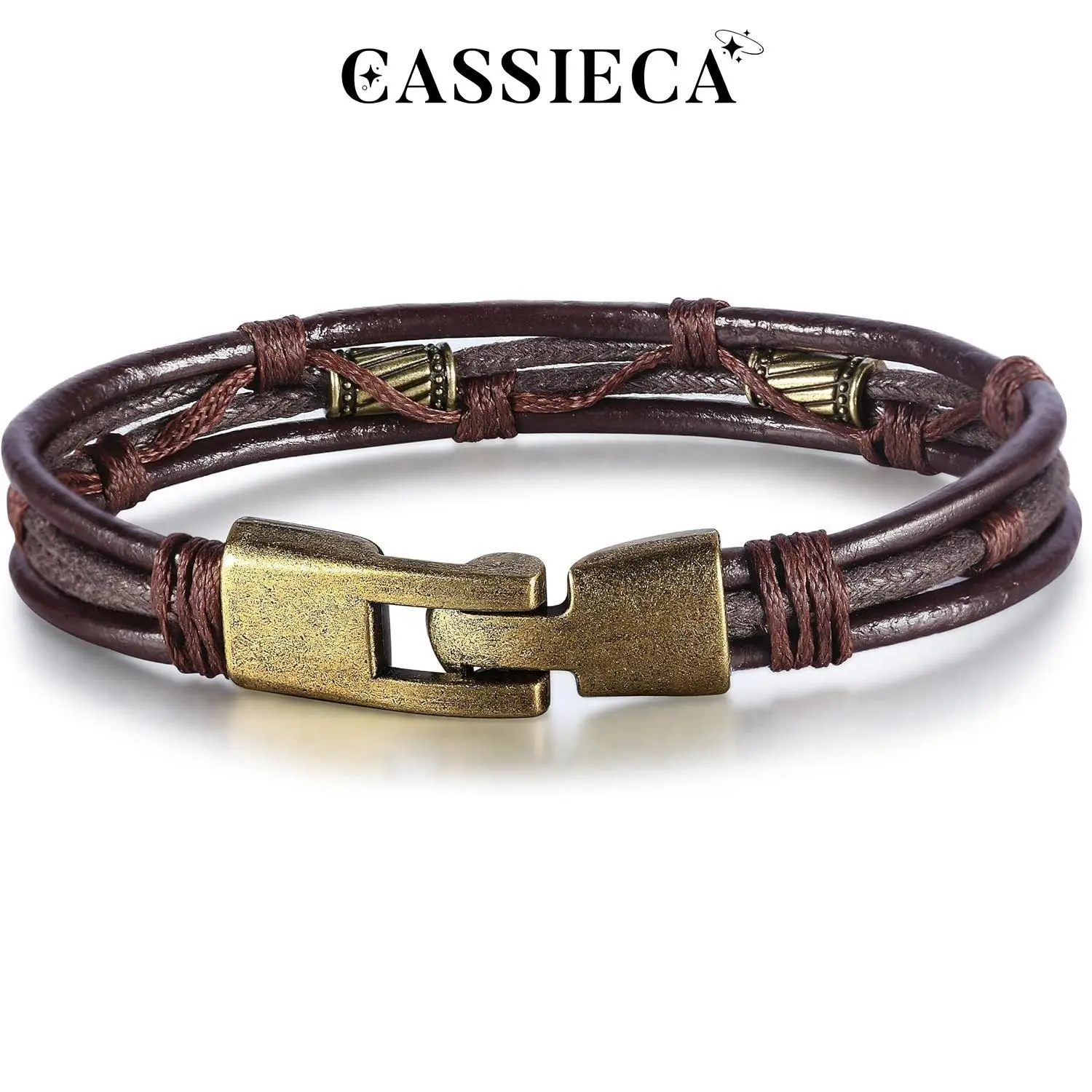 CASSIECA Men's Vintage Leather Bracelet - Leather Strap, Brown Rope Bangle with Vintage Metal Piece, Mens Wrist Band, Daily Wear Fashion Costume Jewelry Accessory