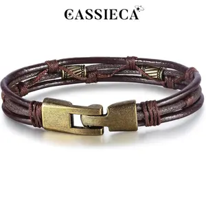 CASSIECA Men's Vintage Leather Bracelet - Leather Strap, Brown Rope Bangle with Vintage Metal Piece, Mens Wrist Band, Daily Wear Fashion Costume Jewelry Accessory