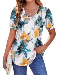 ZEAGOO Live Women's Puff Short Sleeve Boho Shirts Casual V Neck Floral Solid Summer Blouse Pleated Tunic Top