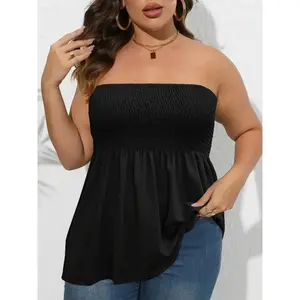 Plus Size Solid Ruffle Hem Shirred Tube Top, Boho Fashion Chic Elegant Style Tops, Lady Strapless Top, Womenswear, Casual Sleeveless Strapless Black Top