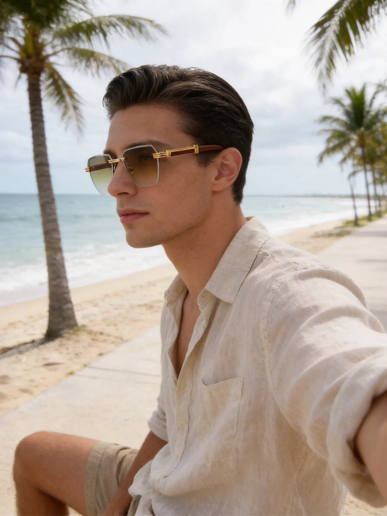 Rimless wood-grain square summer sunglasses, stylish modern metal and wooden frame, UV protection. Unisex, suitable for travel, outdoor activities, beach, self-driving, cycling, parties, driving, street photography.